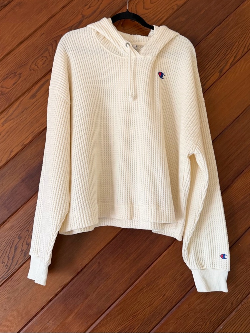 Champion Cropped Waffle Knit Pullover Hoodie Women's 2XL Cream Antique White